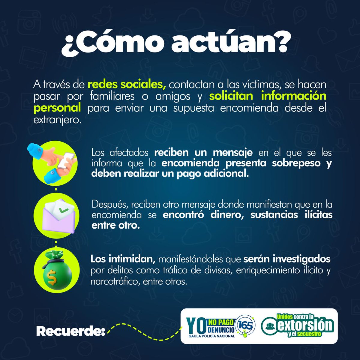 🚨Evite ser víctima de extorsión en su modalidad "Falsa Encomienda, el <a href="/GaulaPolicia/">GAULA POLICÍA</a> brinda recomendaciones de autoprotección para esta modalidad. ¡Unidos contra la extorsión! Comuníquese a la #Línea165 #YoNoPagoYoDenuncio ✅