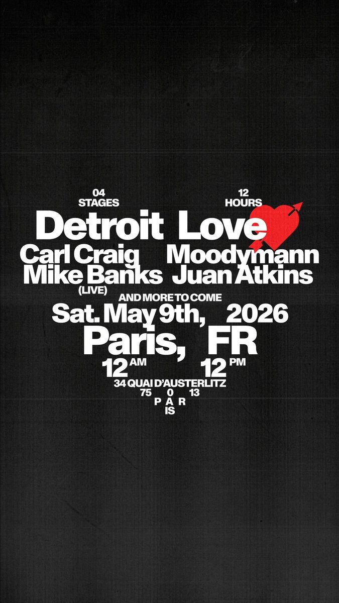Detroit Techno takes over Paris! #FVTVR will host the legendary Detroit Love event on May 9; featuring Moodymann, Mad Mike Banks (Live), &amp; more. Don’t miss this marathon celebration of electronic music history.

Get all the details here: technowerk.co/pariss-fvtvr-i…
