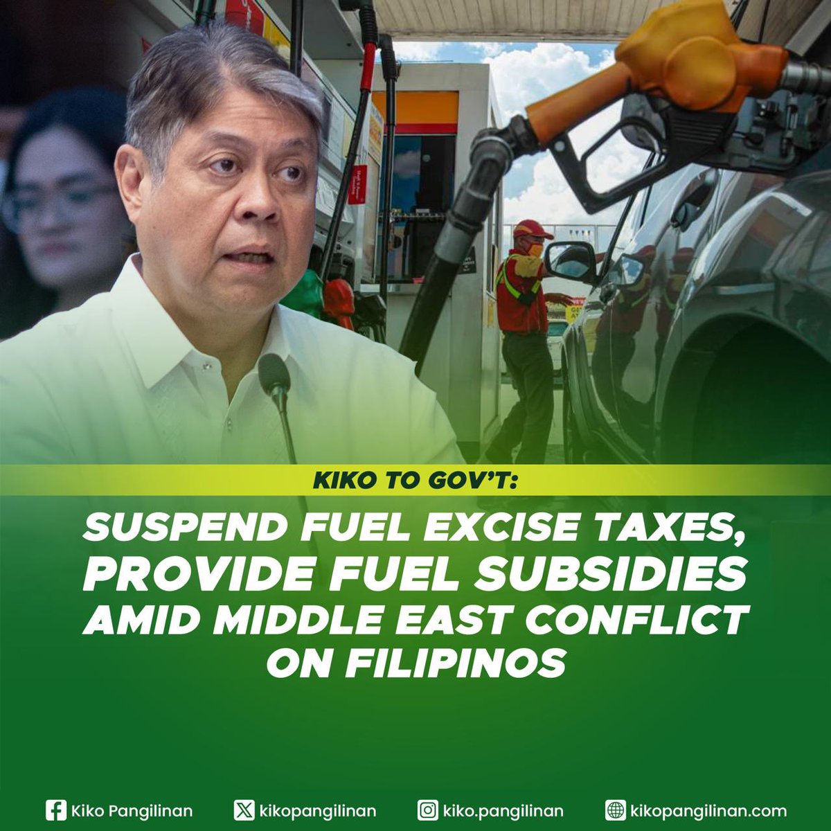 kikopangilinan's tweet photo. 𝗪𝗔𝗟𝗔𝗡𝗚 𝗞𝗨𝗟𝗔𝗬 𝗔𝗡𝗚 𝗦𝗢𝗟𝗨𝗦𝗬𝗢𝗡

Nanawagan tayo sa pamahalaan na 𝗽𝗮𝗻𝘀𝗮𝗺𝗮𝗻𝘁𝗮𝗹𝗮𝗻𝗴 𝘀𝘂𝘀𝗽𝗶𝗻𝗱𝗶𝗵𝗶𝗻 𝗮𝗻𝗴 𝗲𝘅𝗰𝗶𝘀𝗲 𝘁𝗮𝘅 𝘀𝗮 𝗳𝘂𝗲𝗹 𝗮𝘁 𝗮𝗴𝗮𝗱 𝗶-𝗮𝗰𝘁𝗶𝘃𝗮𝘁𝗲 𝗮𝗻𝗴 𝗳𝘂𝗲𝗹 𝘀𝘂𝗯𝘀𝗶𝗱𝘆 𝗽𝗿𝗼𝗴𝗿𝗮𝗺𝘀 upang maibsan ang epekto ng tumitinding tensyon sa Middle East sa mga manggagawang Pilipino.

Makatutulong ang hakbang na ito upang 𝗺𝗮𝗯𝗮𝘄𝗮𝘀𝗮𝗻 𝗮𝗻𝗴 𝗶𝗻𝗮𝗮𝘀𝗮𝗵𝗮𝗻𝗴 𝗽𝗮𝗴𝘁𝗮𝗮𝘀 𝗻𝗴 𝗽𝗿𝗲𝘀𝘆𝗼 𝗻𝗴 𝗹𝗮𝗻𝗴𝗶𝘀 𝗮𝘁 𝗶𝗯𝗮 𝗽𝗮𝗻𝗴 𝗽𝗮𝗻𝗴𝘂𝗻𝗮𝗵𝗶𝗻𝗴 𝗯𝗶𝗹𝗶𝗵𝗶𝗻.

Ang pansamantalang pagsuspinde ng excise tax sa fuel ay maaaring magdulot ng 𝗣𝟯–𝗣𝟲 𝗻𝗮 𝗯𝗮𝘄𝗮𝘀 𝗸𝗮𝗱𝗮 𝗹𝗶𝘁𝗿𝗼 𝗻𝗴 𝗴𝗮𝘀𝗼𝗹𝗶𝗻𝗮 𝗼 𝗱𝗶𝗲𝘀𝗲𝗹.

𝗪𝗮𝗹𝗮𝗻𝗴 𝗸𝘂𝗹𝗮𝘆 𝗮𝗻𝗴 𝘀𝗼𝗹𝘂𝘀𝘆𝗼𝗻. Sama-sama tayong kumilos upang matugunan ang problemang dulot ng sigalot sa Middle East.