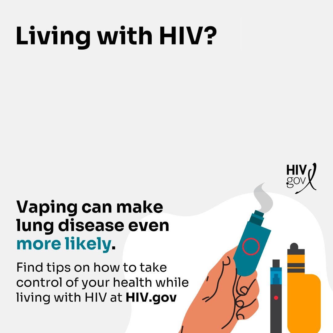 BigBendCares's tweet image. If you’re HIV+ you are at risk for lung disease and using a vape can increase your risk. Find tips on how to take control of your health while living with HIV at HIV.gov.

#Vaping #HIV
