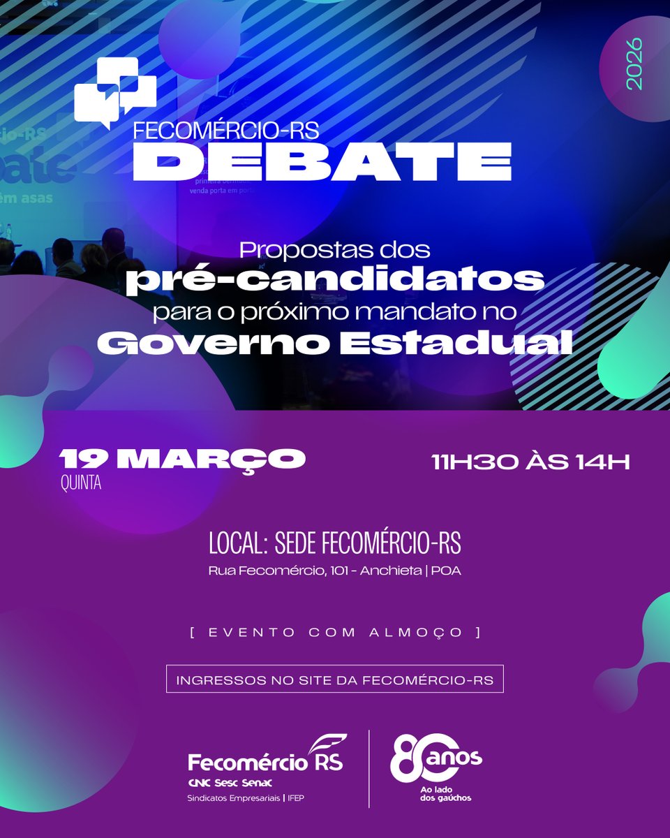 fecomercio_rs's tweet image. Em março, a edição do Fecomércio-RS Debate reunirá pré-candidatos ao Governo do RS para uma conversa sobre temas que impactam diretamente a sociedade e o setor produtivo.

Inscrições em bit.ly/debate-governo…

#FecomércioRSDebate #FecomércioRS #RioGrandedoSul