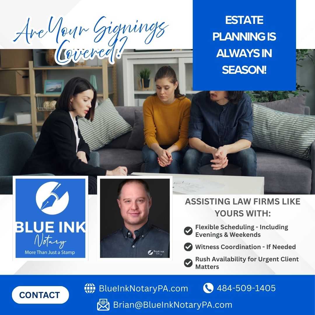 BlueInkNotaryPA's tweet photo. 📑Estate Planning Is Always in Season - Are Your Signings Covered?

We help law firms streamline estate plan executions with:
✔ Flexible appointments with evening &amp; weekend options
✔ Professional witness coordination, if needed
✔ Rush availability for urgent client matters https://t.co/G7AL8fM2S2