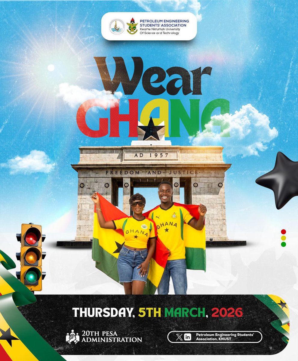 PesaKnust's tweet photo. 🇬🇭✨
“This Independence season, let’s celebrate in style and unity 🇬🇭❤️💛💚 Join us on *Thursday, 5th March* as we proudly Wear Ghana! Come dressed in your best Ghana colors and let’s turn campus into a vibrant display of culture, pride, and patriotism. 

#WearGhana
#20TH  PESA https://t.co/y4VCRlm2FK