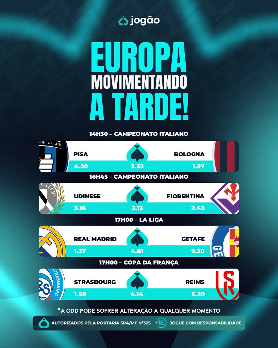 jogaobet's tweet photo. 🔥 TEM GIGANTE E TEM MATA-MATA!

O Real Madrid entra em campo, enquanto na Itália a bola rola com confrontos importantes pela Serie A. 
 
Na França, é clima de Copa!

Se tem futebol europeu… 
👉 é Jogão!

CLIQUE AQUI🩵 
https://t.co/ptCkVZXfXr 

🔞 | Jogue com responsabilidade. https://t.co/HCVcWnadTc