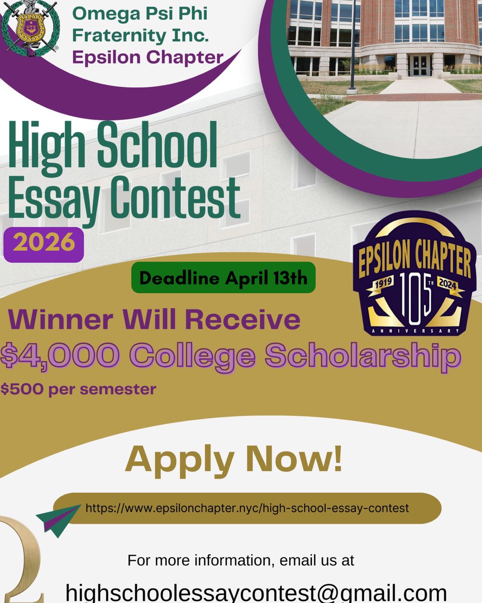 Epsilon Chapter presents to all high school male SENIOR scholars a chance to win $4,000 by entering our High School Essay Contest!

More information can be found at the link in our bio and website! 

Deadline to enter is April 13th! Good luck!

#Scholarship #OmegaPsiPhi #Epsilon