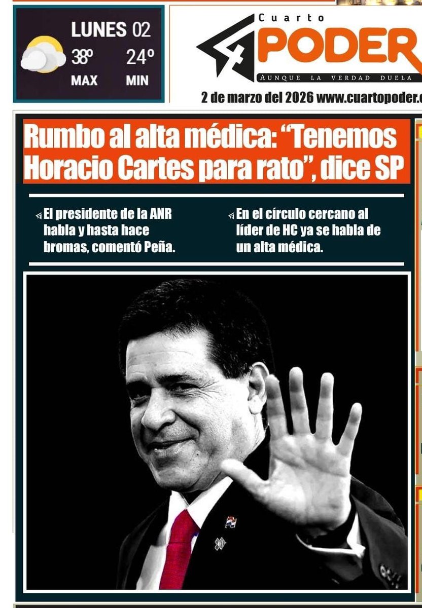 CuartoPoder_Py's tweet photo. 🔴 CARTES SALDRÁ DE ALTA HOY, ANUNCIA ANTONIO BARRIOS 
(tal como lo anunció hoy la tapa de #4toPoder)

◾El senador Antonio Barrios, médico de cabecera del expresidente de la República, informó que Horacio Cartes saldrá de alta. 

◾Se prevé que los trámites en el sanatorio privado donde está internado se culminen para la tarde de este lunes. "Está con todos sus reflejos. Su recuperación fue muy rápida. Habla perfectamente. Está atento a todo lo que pasa", dijo. 

◾El titular de la ANR deberá guardar reposo en su domicilio. "Va a tener que aprender a descansar, cosa que el presidente no hace desde que lo conozco", relató. 

◾Cartes había sido ingresado de urgencia y estuvo internado en terapia intensiva desde el pasado jueves. Le fue colocado un marcapasos debido a un bloqueo cardíaco.
Vía @npyoficial