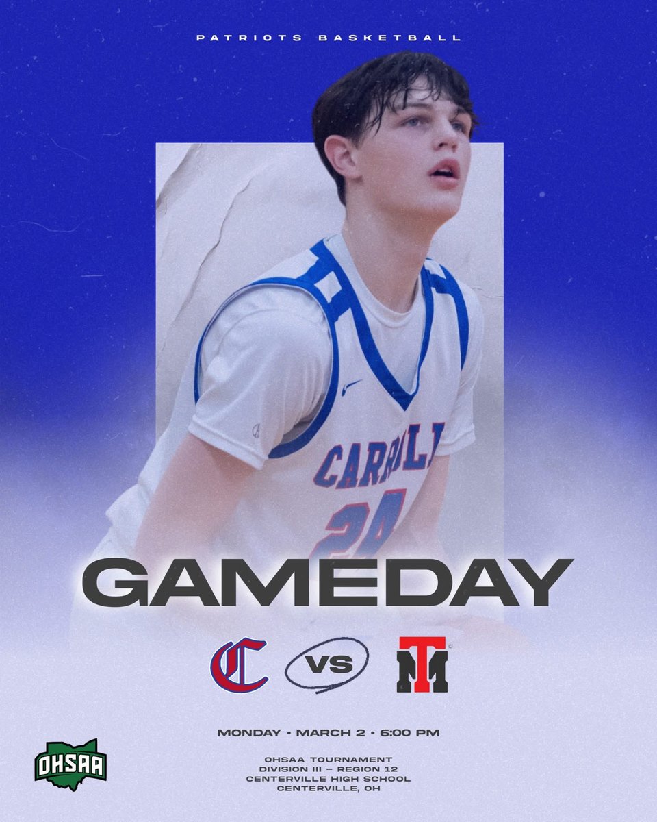 CarrollBoysBB's tweet photo. 𝙄𝙏’𝙎 𝙂𝘼𝙈𝙀𝘿𝘼𝙔! 🏀🇺🇸

🏀: OHSAA District Tournament 
🆚: Trotwood-Madison HS
📍: Centerville, OH
🕢: 6:00 pm
🎟️: https://t.co/Mp51hWljYl (online or cash)
💻: https://t.co/prNNgembO2

#PatriotPride | #Team63 https://t.co/8sSHmMSNxx