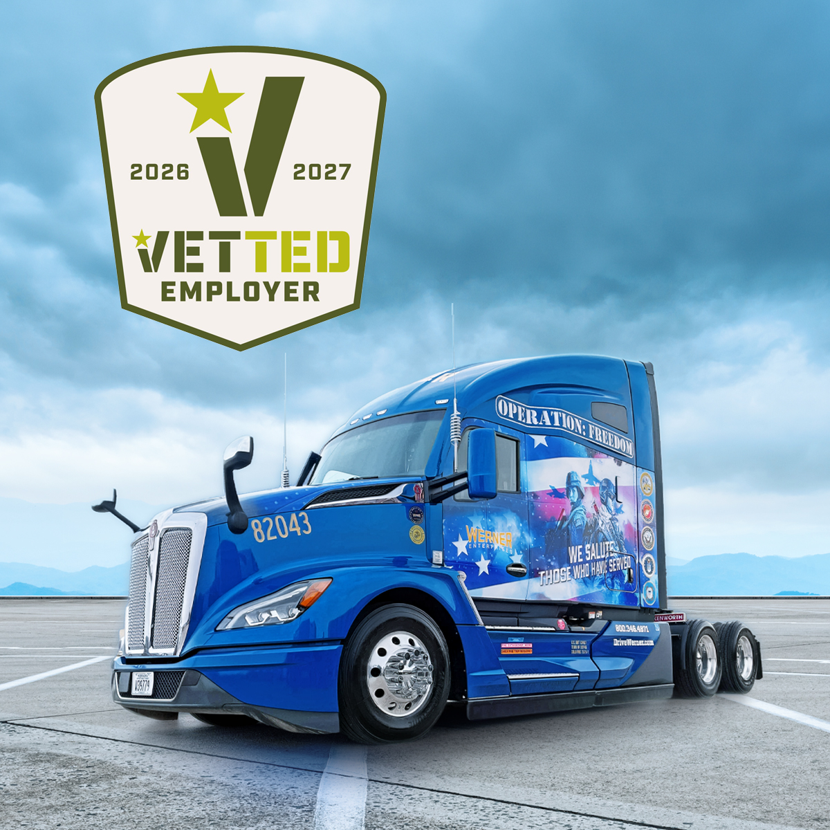 One_Werner's tweet photo. At Werner, we don’t just hire veterans; we value the leadership and unique skills they bring to #TeamBlue. We are proud to announce our recognition as a 2026-2027 Vetted Employers honoree for our commitment to recruiting, retaining and supporting the military-connected community! https://t.co/tttYObvBtj