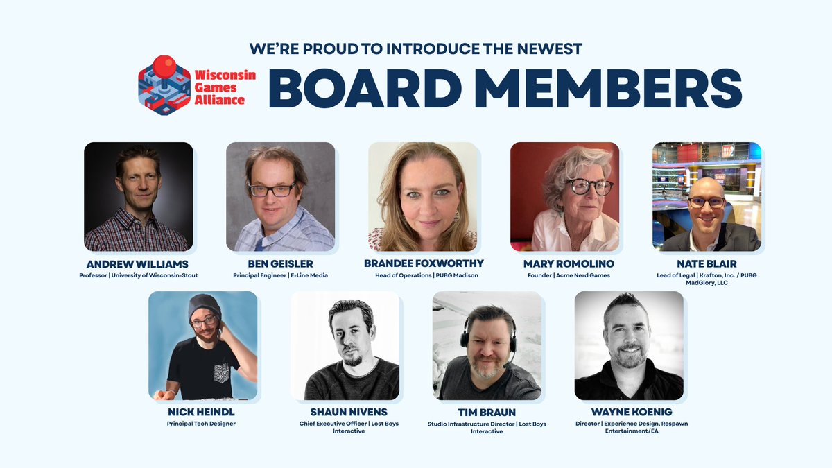 WIgamesalliance's tweet image. Big things are ahead for the Wisconsin games community and it starts with the people helping lead it 🎉

We’re excited to welcome nine new members to the WGA Board!

Here’s to the next phase of growth 👏

#WisconsinGamesAlliance #WGA #WisconsinGames