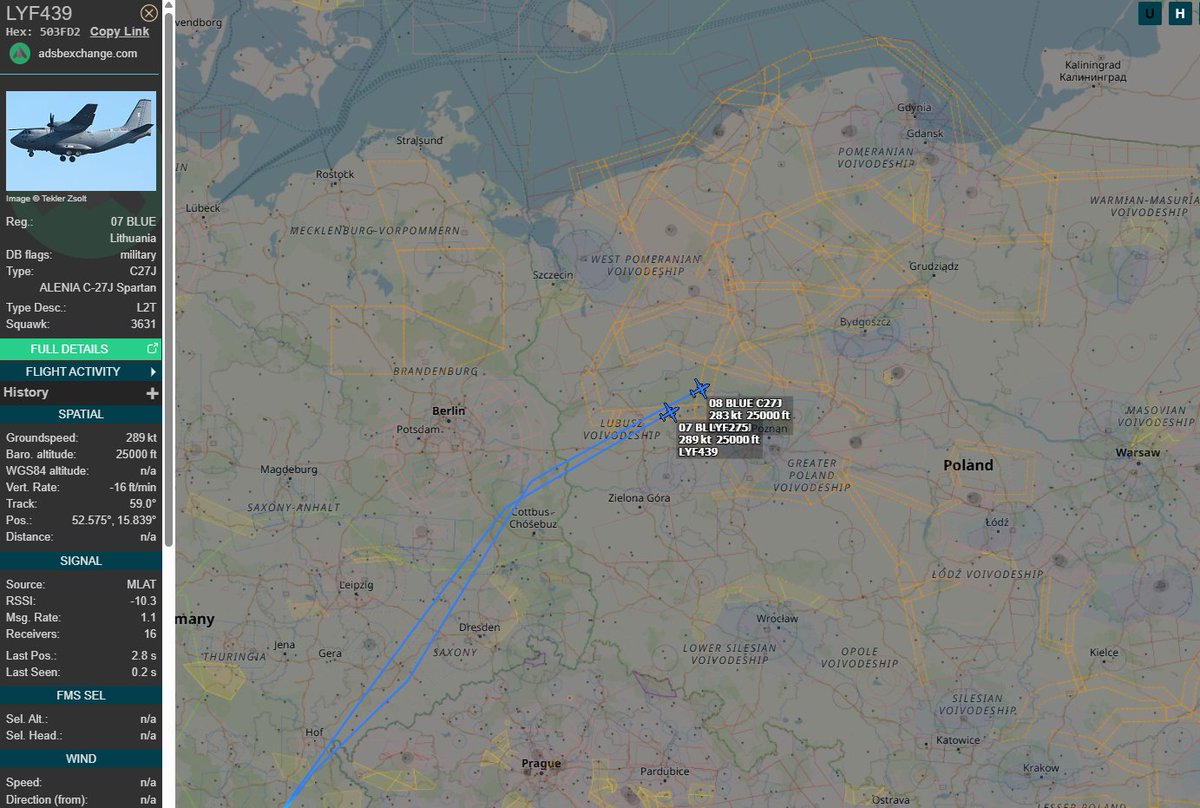 PolishMilRadar's tweet photo. 📅 02.03 🕗 16:25LT - 🇱🇹✈️ Litewskie Spartany tranzytem
🇱🇹 Siły Powietrzne Litwy
✈️ 2x Alenia C-27J Spartan | Regi: "08 BLUE" & "07 BLUE"
🛫 Norymberga #EDDN | Niemcy 🇩🇪
🛬 Baza Lotnicza Szawle #EYSA | Litwa 🇱🇹
#LYF275 & #LYF439 lecą na FL250 (7620 metrów)
🔗 Link do śledzenia w komentarzu ⬇️
#POLMILRADAR