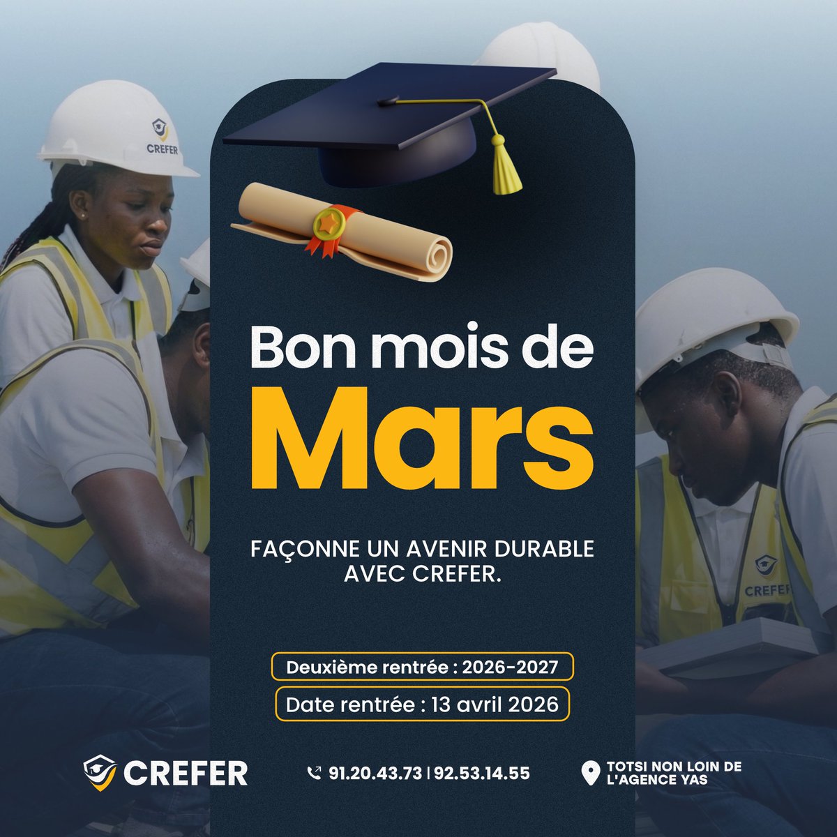Bon mois de Mars à tous les futurs techniciens et ingénieurs ! Chez CREFER, nous formons des professionnels prêts pour le marché de l'emploi dans les secteurs de l'énergie, de l'électricité et du froid.
Rendez-vous le 13 Avril 2026 pour la deuxième rentrée de l'année.