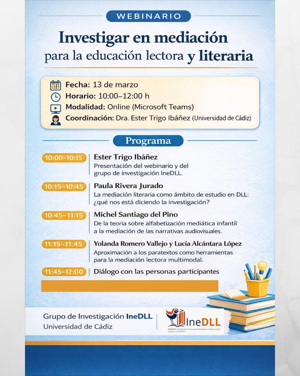 inedll_uca's tweet photo. WEBINARIO: Investigar en mediación para la educación lectora y literaria 📚 
   
 Enlace: https://t.co/183tkr4k9Z 

#WebinarioMediacion #MediacionLiteraria https://t.co/DF8Ni7SGNp