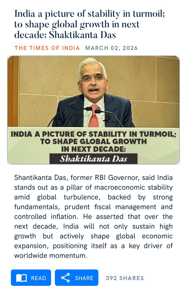 India a picture of stability in turmoil; to shape global growth in next decade: Shaktikanta Das
timesofindia.indiatimes.com/business/india…