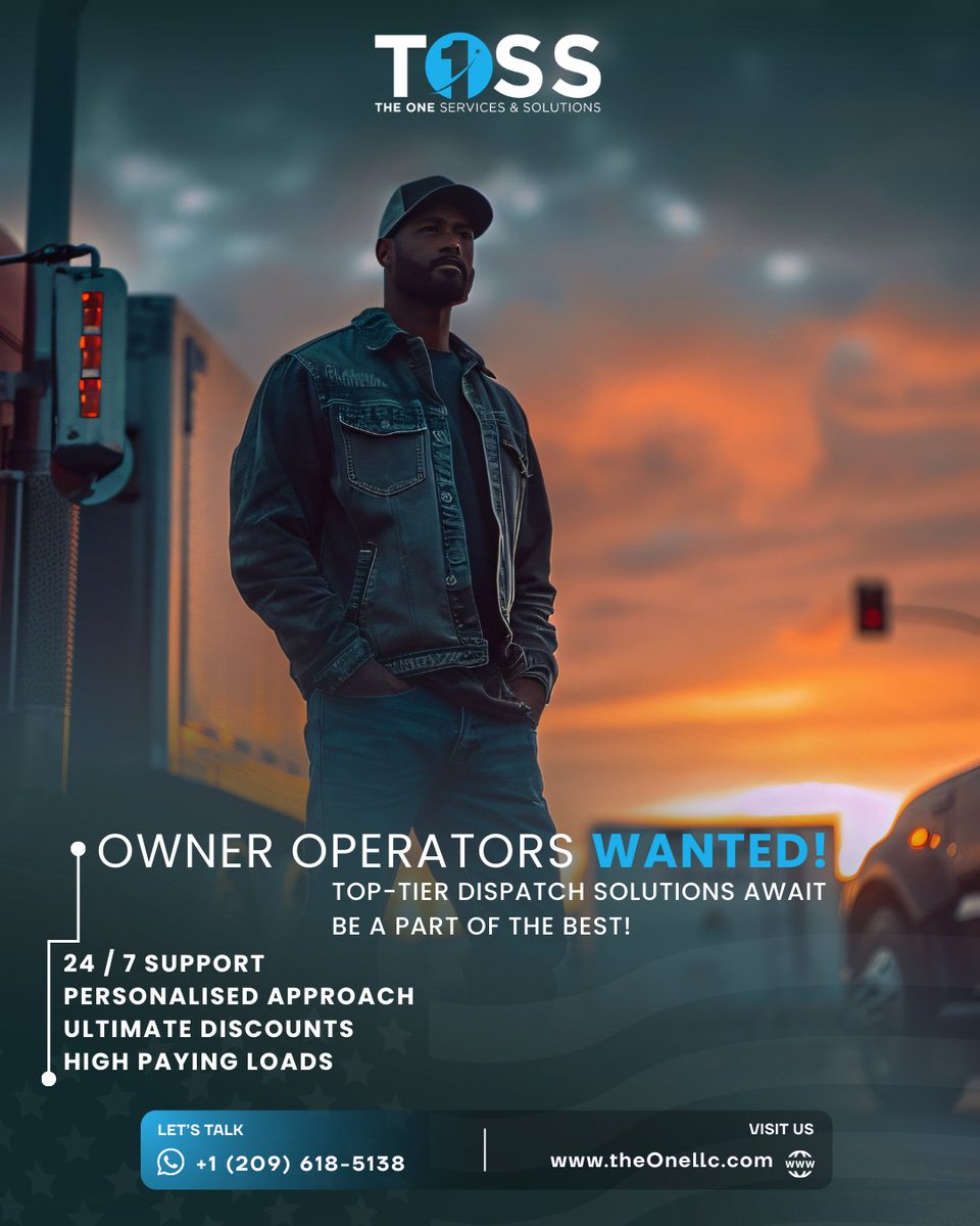 tossonellc's tweet photo. Owner Operators WANTED! 🚛

Top-tier dispatch with 24/7 support, personalized service &amp; high-paying loads.

Join TOSS and drive smarter.
📲 +1 (209) 618-5138
🌐 https://t.co/Uw4rOQnToB

#OwnerOperators #DispatchServices #TOSS https://t.co/QZzKGPmBR0