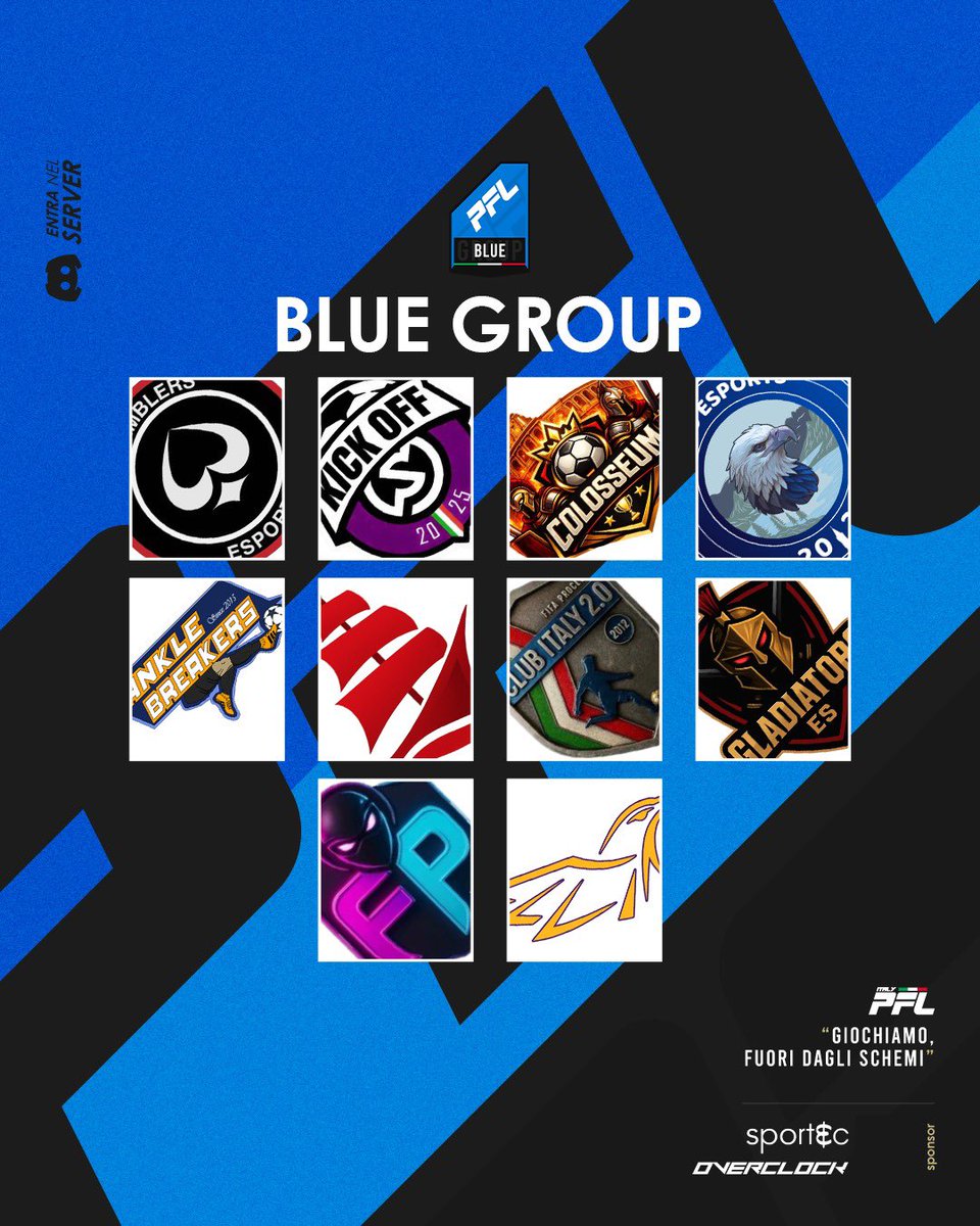 📢 𝗣𝗙𝗟 𝗜𝗧𝗔𝗟𝗜𝗔

𝗕𝗟𝗨 𝗚𝗥𝗢𝗨𝗣 🔵

Siamo lieti di presentare ufficialmente i team che comporranno il Girone Blu, in vista dell’inizio del campionato fissato per il 9 Marzo

Di seguito l’elenco dei team partecipanti 👇

•<a href="/GMBLERS_/">GMBLERS ESPORTS</a> 
•<a href="/KICKOFF_VPC/">KICKOFF</a> 
•<a href="/Lecco_eSports/">Lecco eSports</a>