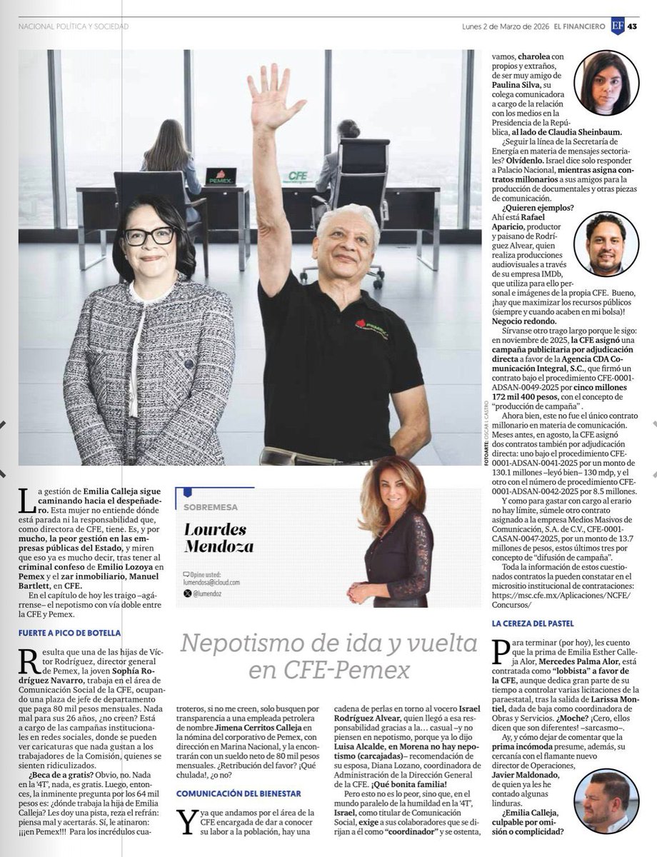 Aureliano_Garci's tweet photo. Nepotismo de ida y vuelta en @CFEmx-@Pemex: Una de las hijas de Víctor Rodríguez, director general de Pemex, la joven Sophía Rodríguez Navarro, trabaja en el área de Comunicación Social de la CFE, ocupando una plaza de jefe de departamento que paga 80 mil pesos mensuales. https://t.co/Ma1LfqNtwH