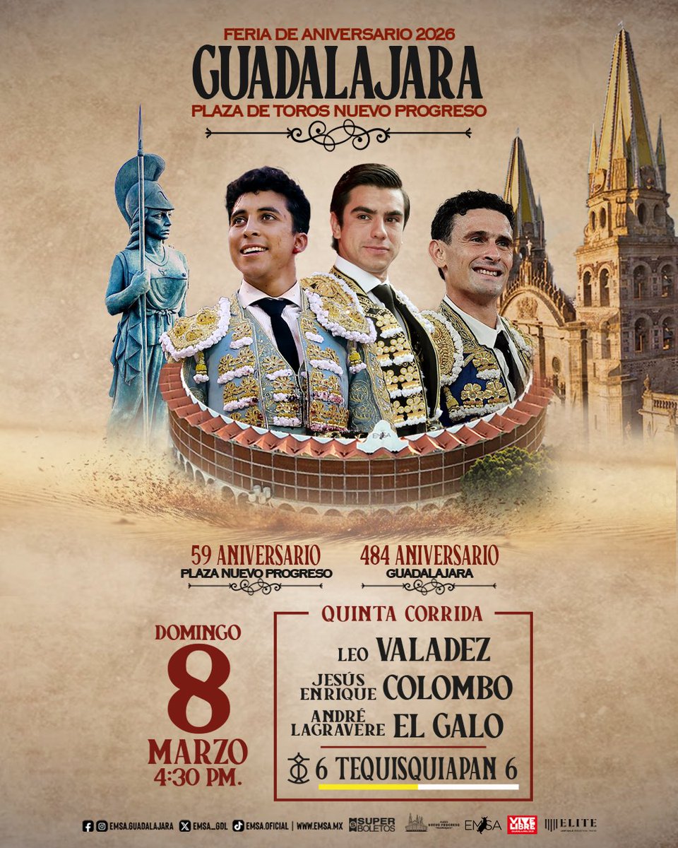 emsa_gdl's tweet photo. 🚩 5ta. Corrida 🇲🇽 Feria de Aniversario 2026

⚔️ Leo Valadez 
⚔️ Jesús Enrique Colombo
⚔️ André Lagravere “El Galo”
🐂 Tequisquiapan 

📅 08 de Marzo ⏰ 4:30 P.M.

🎟 Boletos en https://t.co/sz1Wzhf0ui y https://t.co/5KkjSLzLvM

#Guadalajara #NuevoProgreso #FeriaDeAniversario https://t.co/Q55JzHdYCh