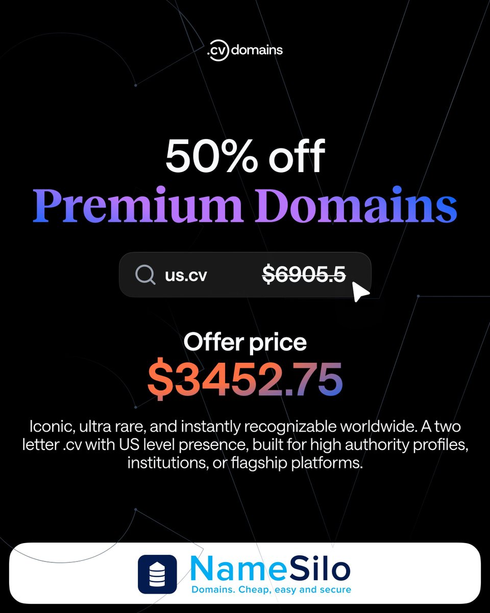 namesilo's tweet image. Build your professional home on .CV 📄

Standard first-year registrations are just $2.99, plus take 50% off premium domains. The premier choice for resumes, digital portfolios, and personal branding.

Offer valid until March 13. 🔗 buff.ly/8wMGXJH 

#ResumeTips