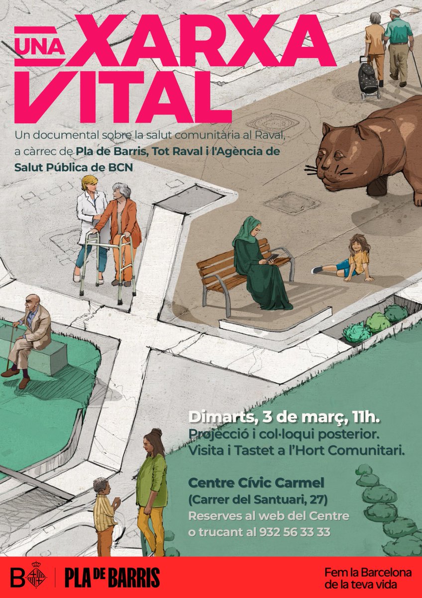 TotRaval's tweet image. Felices amb la projecció i la participació posterior al col.loqui de demà del documental 'Una Xarxa Vital' al Centre Cívic del Carmel, que explica com treballem des de fa més d'una dècada la salut comunitària al #Raval. #pladebarrisbcn #salut #salutcomunitària