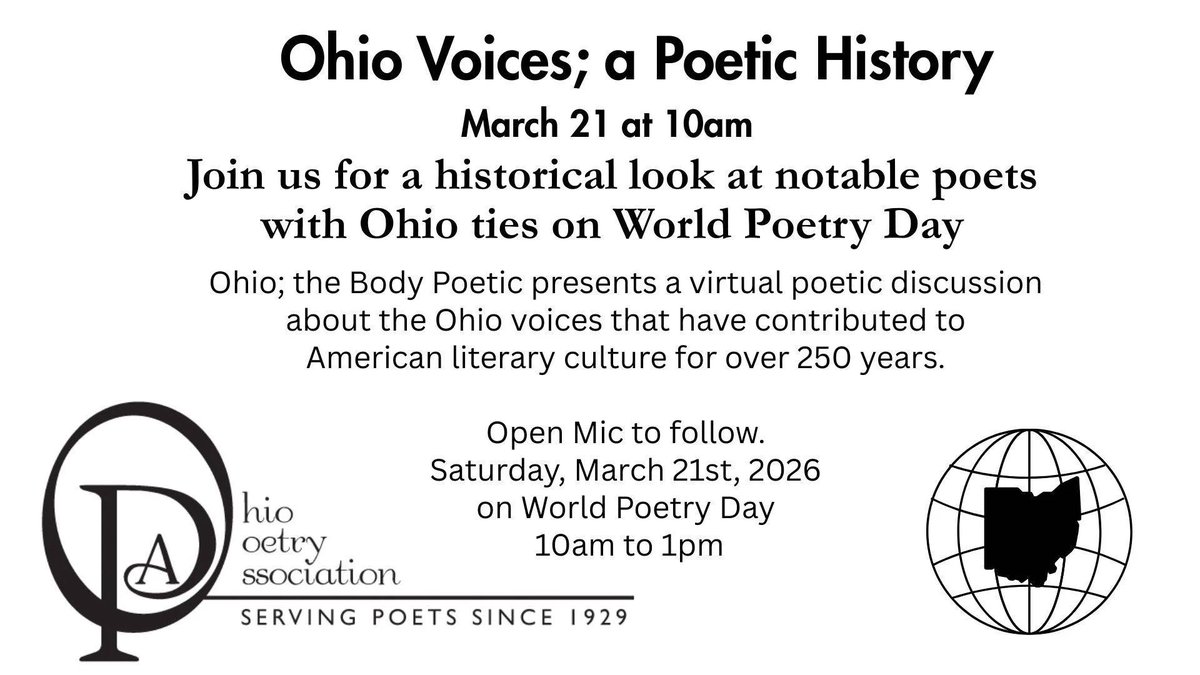 March 21st at 10 a.m., Join the Ohio Poetry Association for a historical look at notable poets with Ohio ties on World Poetry Day!

This is a virtual event. Please register at eventbrite.com/e/ohio-voices-…