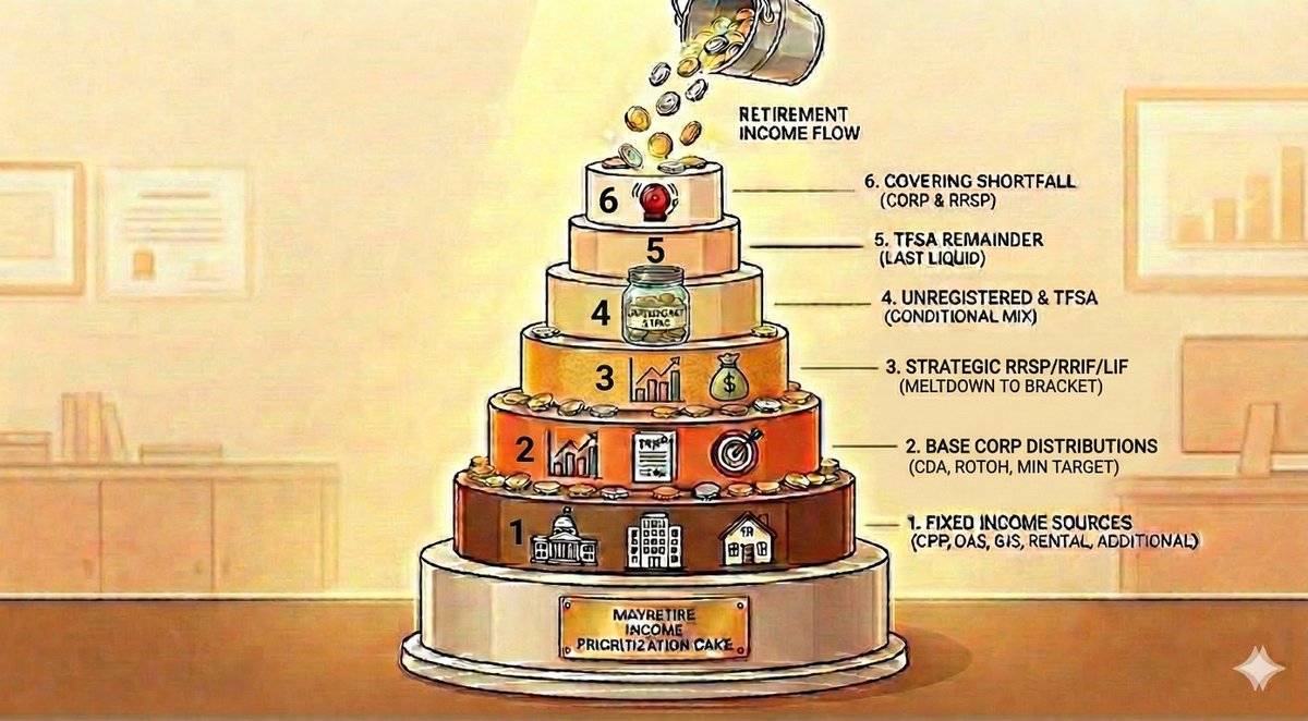 Updated MayRetire Income Sources Priority 'Cake':

MayRetire uses a flexible and controllable algorithm to determine which accounts to draw from and when. Here is the sequence used to meet your required income amount:

1) Fixed Income Sources: Calculates guaranteed income from
