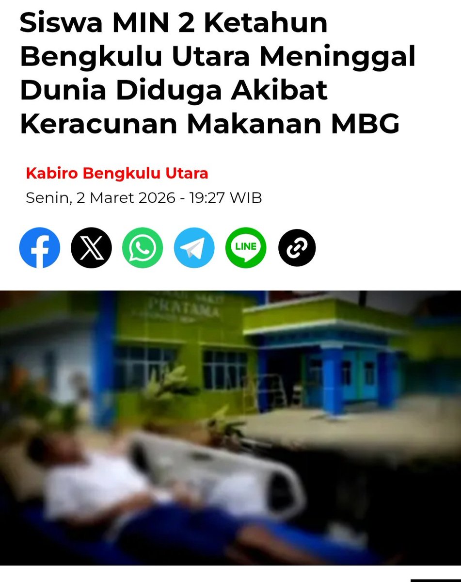 Turut berduka cita atas meninggalnya siswa MIN 2 Ketahun Bengkulu Utara yang meninggal dunia diduga akibat keracunan MBG.

Sebaiknya MBG dievaluasi TOTAL. Korban keracunan sudah puluhan ribu, apalagi kalo sampai berita ini benar.

Jangan sampai terjadi Pembunuhan Massal.