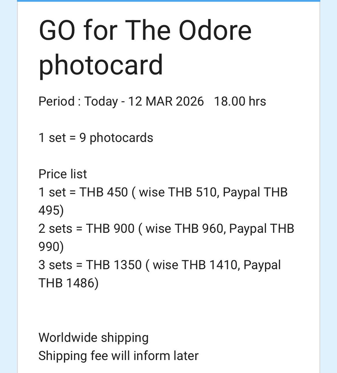 GO for The Odore Gelato photocard

Worldwide shipping, consolidate with other merchandise 

Today  - 12 MAR 6 PM 

Link : forms.gle/dwf4bt51zb3QJa…

Accept payment via Wise and Paypal

#BuildJakapan  #Beyourluve