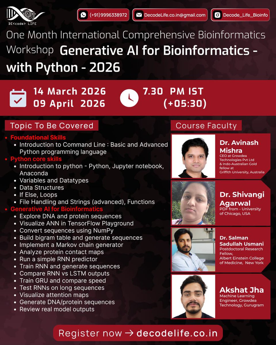 LifeDecode's tweet photo. 🌍 Registration is open for the One-Month Comprehensive International Bioinformatics Workshop by Decode Life

💥 Generative AI for Bioinformatics - with Python 💥

📅 Duration:  14 March - 9  April  2026

🔗 Registration Link: 

https://t.co/ImSO6k62zJ https://t.co/40DavisDZg