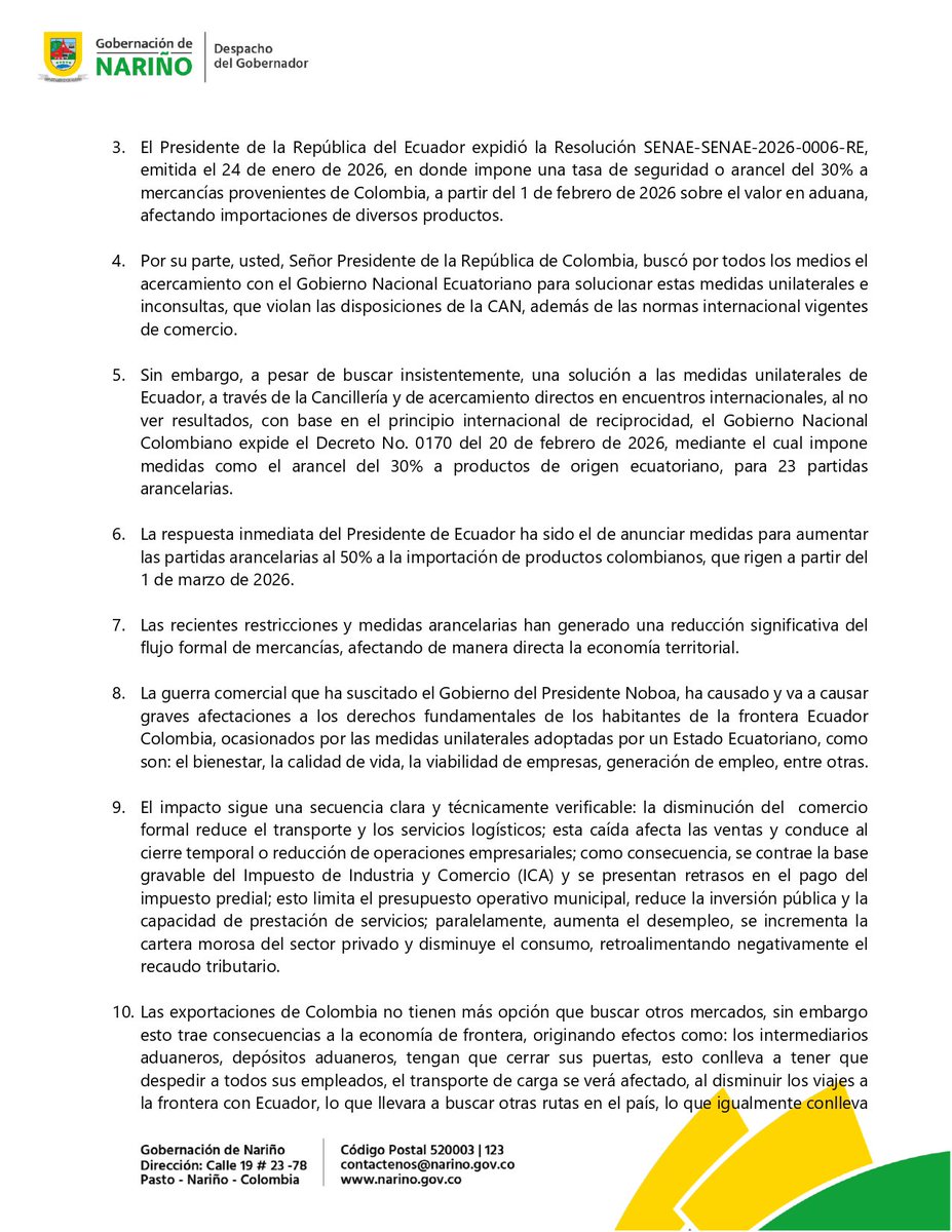 LuisAlfonsoEsc's tweet photo. Solicitamos al Presidente @petrogustavo, a la Canciller @yvillavicenciom y al Ministro Germán Ávila la declaratoria de Zona Especial de Intervención Fronteriza para #Nariño.

Las medidas adoptadas por Ecuador están afectando el comercio, el empleo y la estabilidad de los municipios de frontera. Actuar con decisión protege a las comunidades y la economía territorial. 

Estas son nuestras solicitudes como Gobierno Departamental. 👇🏾