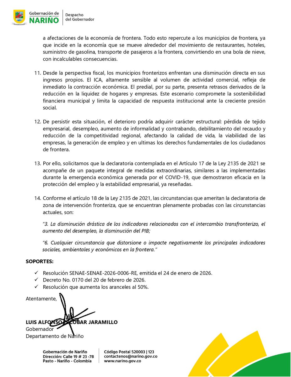 LuisAlfonsoEsc's tweet photo. Solicitamos al Presidente @petrogustavo, a la Canciller @yvillavicenciom y al Ministro Germán Ávila la declaratoria de Zona Especial de Intervención Fronteriza para #Nariño.

Las medidas adoptadas por Ecuador están afectando el comercio, el empleo y la estabilidad de los municipios de frontera. Actuar con decisión protege a las comunidades y la economía territorial. 

Estas son nuestras solicitudes como Gobierno Departamental. 👇🏾
