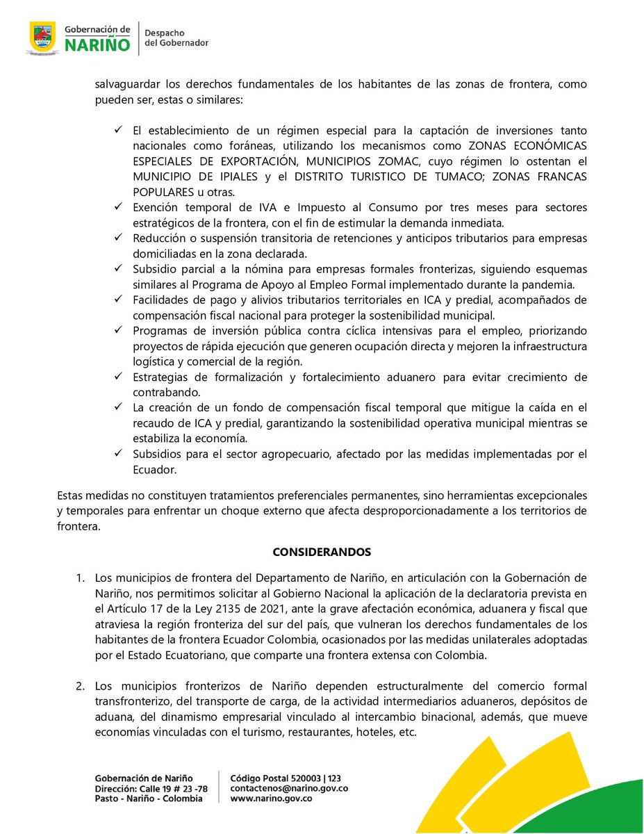 LuisAlfonsoEsc's tweet photo. Solicitamos al Presidente @petrogustavo, a la Canciller @yvillavicenciom y al Ministro Germán Ávila la declaratoria de Zona Especial de Intervención Fronteriza para #Nariño.

Las medidas adoptadas por Ecuador están afectando el comercio, el empleo y la estabilidad de los municipios de frontera. Actuar con decisión protege a las comunidades y la economía territorial. 

Estas son nuestras solicitudes como Gobierno Departamental. 👇🏾