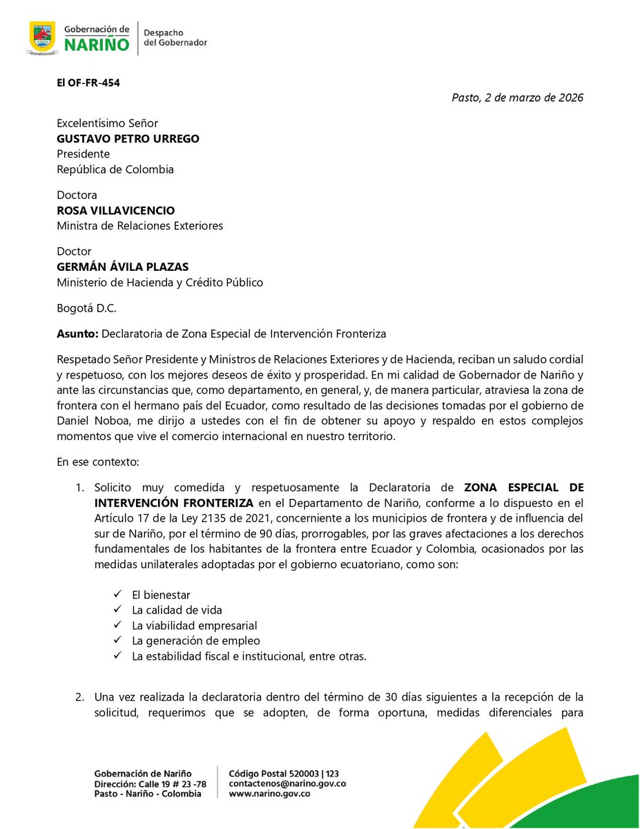 LuisAlfonsoEsc's tweet photo. Solicitamos al Presidente @petrogustavo, a la Canciller @yvillavicenciom y al Ministro Germán Ávila la declaratoria de Zona Especial de Intervención Fronteriza para #Nariño.

Las medidas adoptadas por Ecuador están afectando el comercio, el empleo y la estabilidad de los municipios de frontera. Actuar con decisión protege a las comunidades y la economía territorial. 

Estas son nuestras solicitudes como Gobierno Departamental. 👇🏾