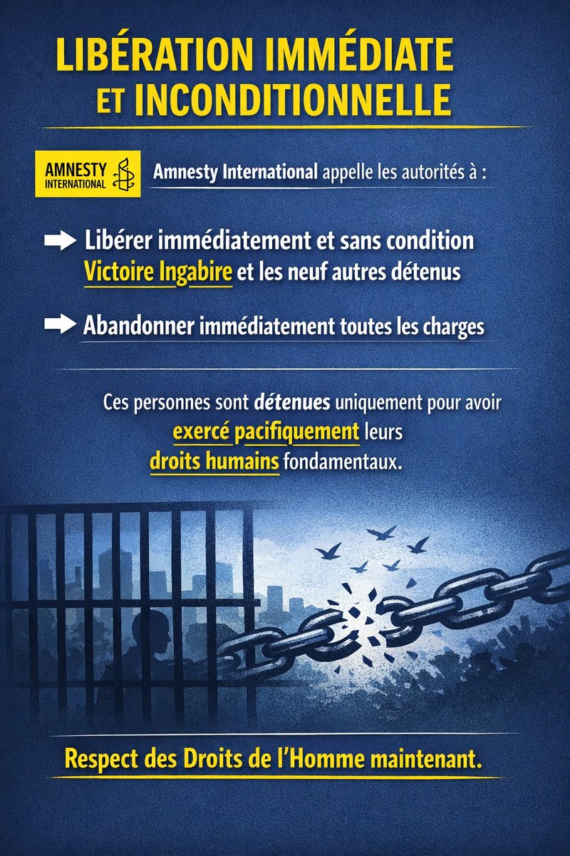 TheoMpoze's tweet photo. 🚨 URGENT 🚨
📢📢⚖️ #Rwanda : Libérer le chef et les membres du parti d'opposition.
📌✅ La politicienne de l'opposition et présidente du parti politique, Développement et Liberté pour tous (@DalfaUmurinzi) Victoire Ingabire, huit membres de la #DALFA et un journaliste ont été arbitrairement détenus et font face à des accusations de subversion pour leurs activités politiques pacifiques légitimes. 👉 Victoire Ingabire a été arrêtée en juin 2025 et accusée d'avoir conspiré avec les autres, arrêtée en octobre et décembre 2021 et accusée entre autres accusations de « former ou de rejoindre une organisation criminelle, de conspiration pour commettre des crimes contre le gouvernement et d'inciter à des troubles ou de désordres parmi la population ». 📌📢 Les autorités rwandaises doivent immédiatement libérer les dix personnes car elles sont détenues uniquement pour l'exercice pacifique de leurs droits de l'homme.
⚖️📍 “À la lumière de ce qui précède, je vous exhorte à assurer la libération immédiate et inconditionnelle de Victoire Ingabire et les neuf autres personnes qui sont détenues uniquement pour l'exercice pacifique de leurs droits de l'homme. J'insiste sur vous pour vous assurer que toutes les accusations portées contre eux sont immédiatement abandonnées.”
https://t.co/3PyWwGKUR3
@amnesty @PaulKagame @UrugwiroVillage @hrw @Rwanda_Justice @RwandaGov @EUinRW @NLinRwanda @ambafrancerwa @jumuiya @CanadainRwanda @SADC_News @GermanyinRwanda @WLCongress @USAmbRwanda @liberalinternat @TLHumanRights @AllAfricafrench