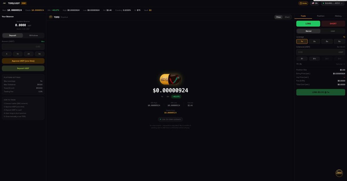 TordLabs $TORD now has Perp DEX you can trade with leverage on the TORD/USDT pair.

Trade here: tordlabs.com/perps

Why only spot? If you buy spot and long with leverage your upside can stack. Spot gains + perp gains when $TORD moves up.

Contract: