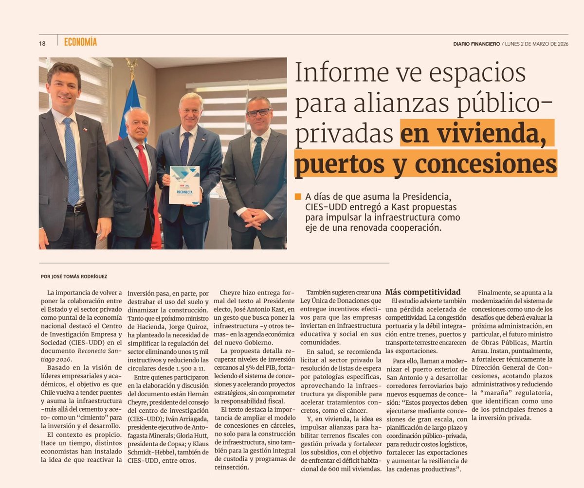 negociosUDD's tweet photo. 🔴El informe de #CIESUDD, entregado al presidente electo, plantea fortalecer las alianzas público-privadas en vivienda, puertos y concesiones como motor de crecimiento.

Infraestructura, competitividad y modernización del Estado en el centro del debate. 🇨🇱 https://t.co/vtgESBrp67