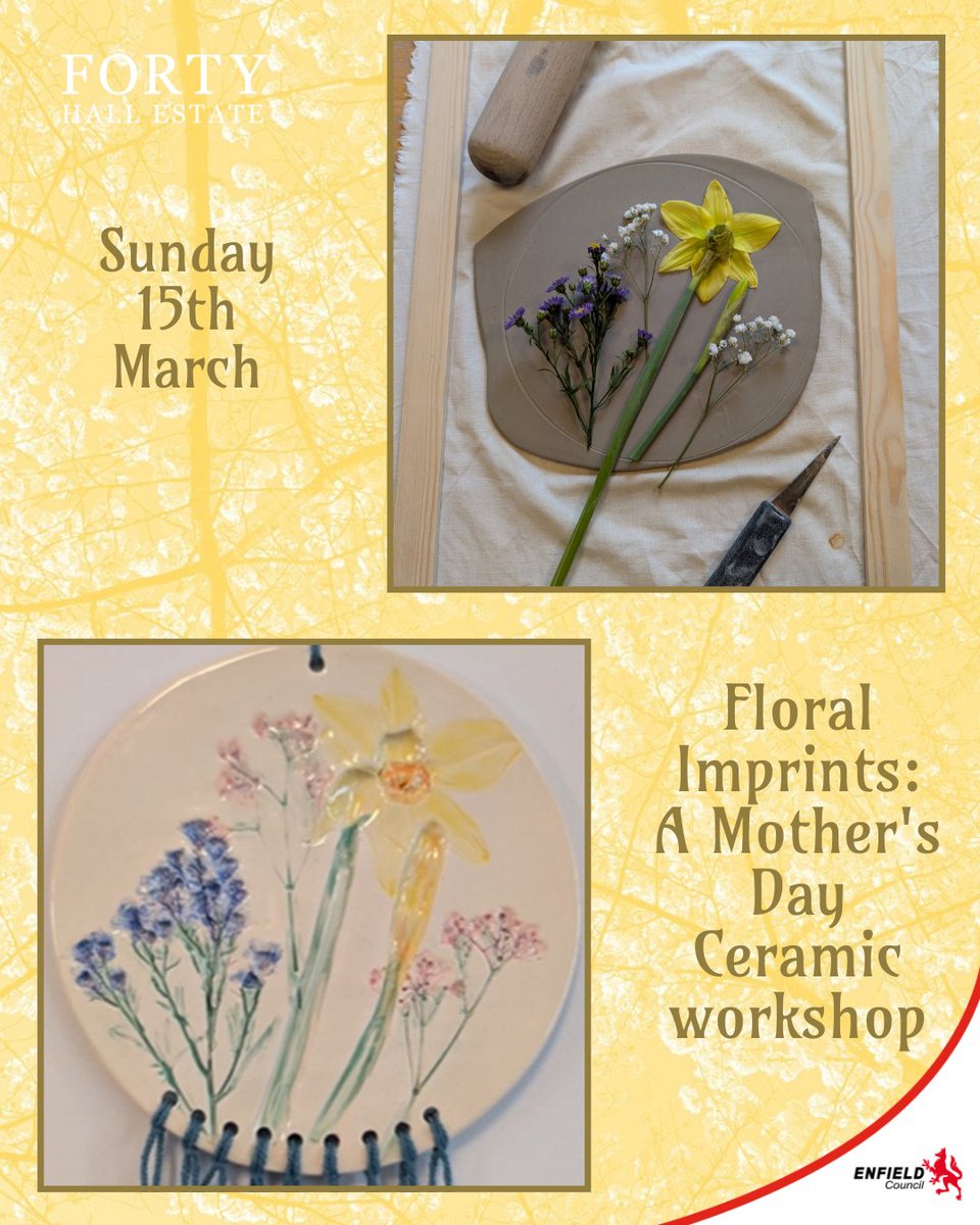 Forty_Hall's tweet image. Floral imprints: A #MothersDay #Ceramicworkshop
Sunday 15th March
Learn how to make your own #ceramic keepsake dish, pressing delicate flowers into the clay &amp;amp; decorating. By the end of the #workshop you will have a truly unique piece made with love.
fortyhallestate.co.uk/whats-on/flora…