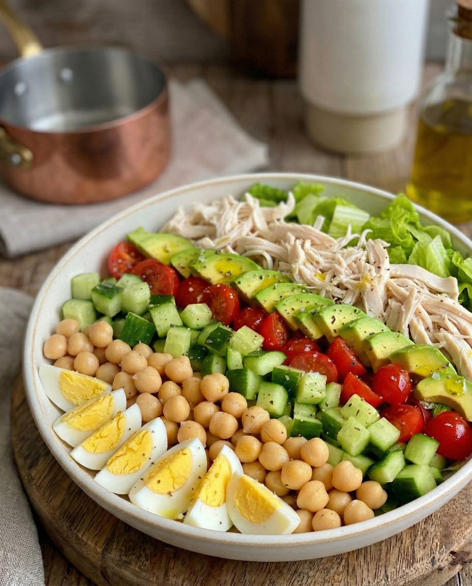 NutriologoGiron's tweet photo. 🥗🥑 Mi ensalada favorita: nutritiva, fácil y llena de sabor

🛒 Los ingredientes:

-Una cama generosa de lechuga romana (bien lavada y súper crujiente)
-Pollo asado desmenuzado (¡perfecto para aprovechar el pollo del día anterior!)
-Un buen puñado de garbanzos cocidos (pura energía y fibra)
-1 huevo duro cortado en rodajas perfectas
-Tomates cherry jugosos, partidos por la mitad
-1 aguacate en cubos (el toque cremoso que jamás puede faltar)
-🍋 El aderezo express (¡Directo al plato!):
-Perejil fresco finamente picado
-Un chorro generoso de aceite de oliva extra virgen
-El zumo fresco de un limón
-Sal al gusto