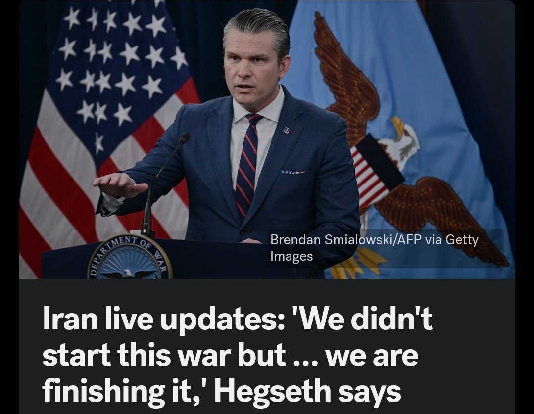 🚨 #TRENDING — US Defense Secretary Pete Hegseth Drops Powerful Warning to Iran:
“We didn’t start this war but… we are finishing it!”
Clear message as US-Israel strikes intensify and the Middle East conflict enters a dangerous new phase.
Oil shock already hitting markets —