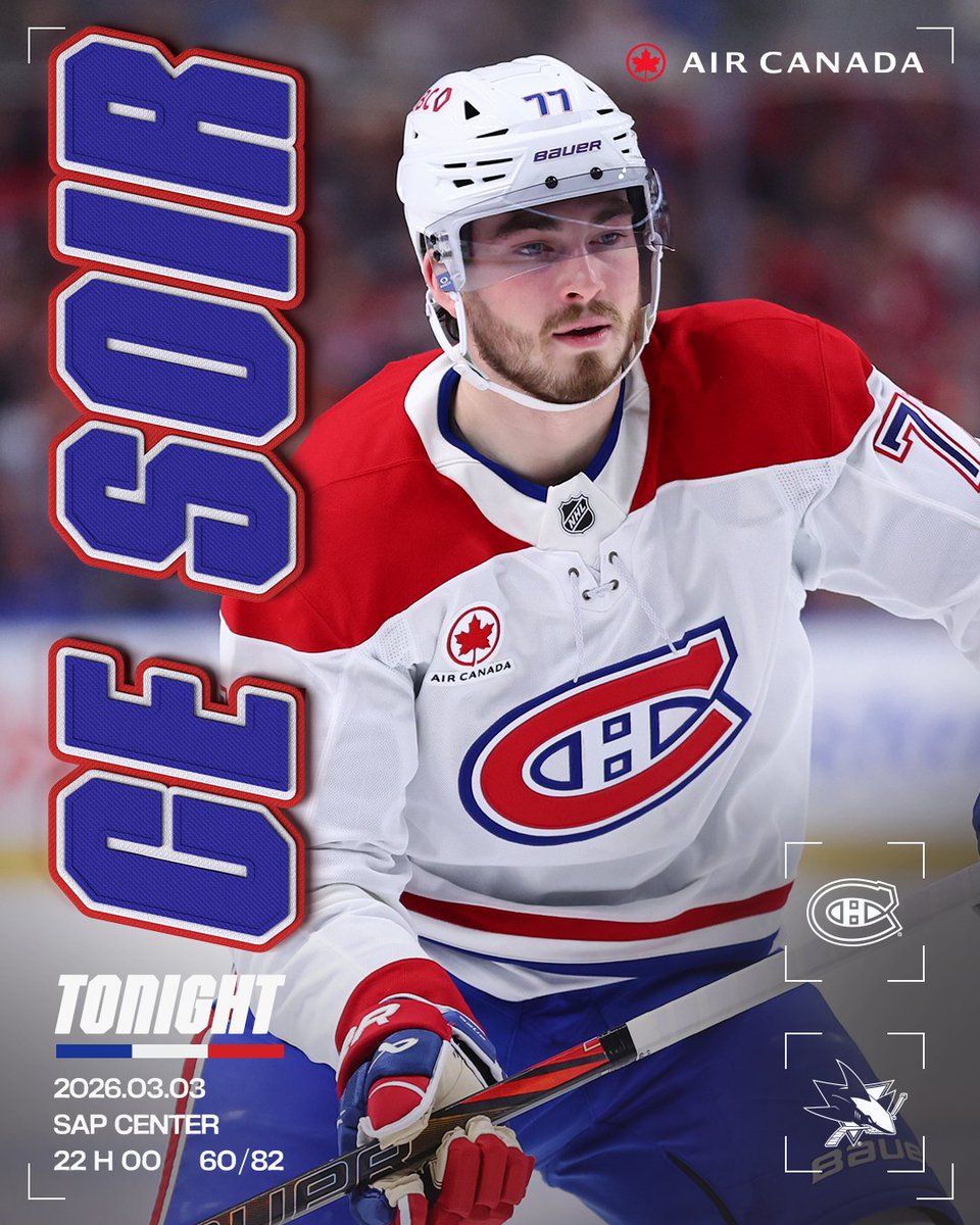 Jour de match! It’s game day!

📍 SAP Center
🕖 22 h 00 / 10:00 p.m.
📺 RDS / TSN2
📻 98,5 FM / TSN 690

#GoHabsGo | <a href="/AirCanada/">Air Canada</a>