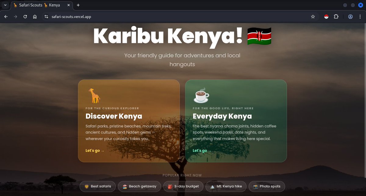 data_scoutKE's tweet photo. Finally... Whether you're a tourist exploring the Maasai Mara or wanting to experience Kenya's beauty, or a local hunting for the best nyama choma or hangout spots... 
- Estimated budgets (KES/USD) 
- Weather updates 
- Local &amp; adventure modes
@HarunMbaabu @LuxDevHQ https://t.co/CS3rKazJ0n