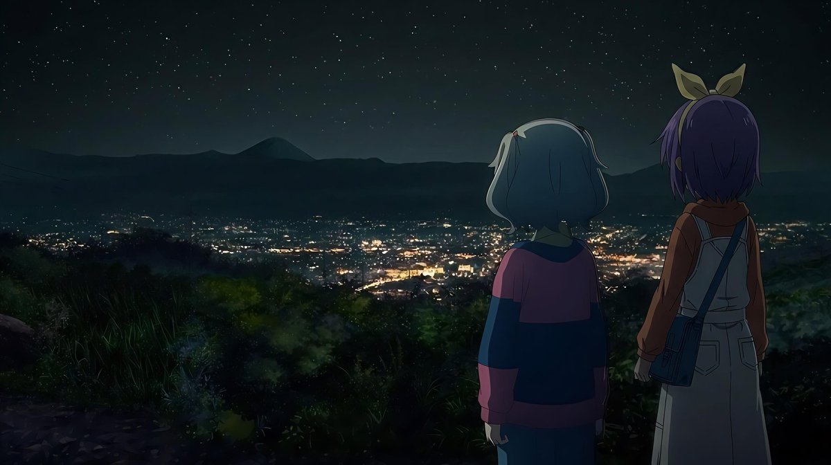 Meninjau kota yang dilatarbelakangi gunung pada malam hari begitu menenangkan, ya.

(Meninjau = melihat sesuatu yang jauh dari ketinggian.)