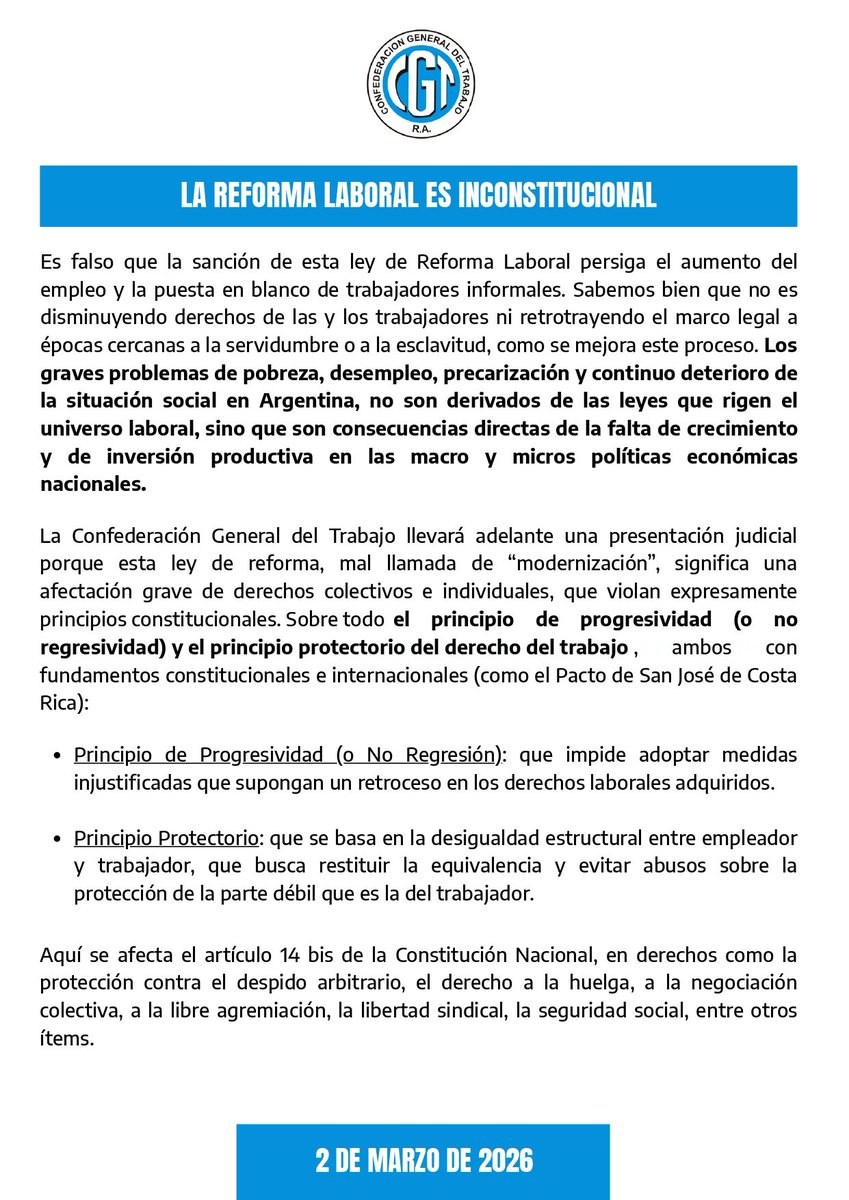 cgtoficialra's tweet photo. 📄 COMUNICADO: LA REFORMA LABORAL ES INCONSTITUCIONAL

#CGT #NoALaReformaLaboral #EsInconstitucional #TrabajoConDerechos