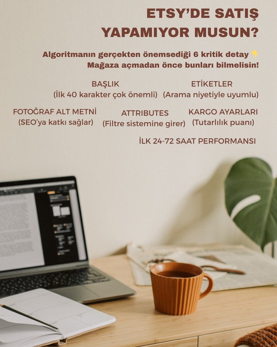 printzelhouse's tweet photo. Etsy’de satış yapamıyorsan önce listelemeni gözden geçir.
Algoritma; başlığın ilk kısmına, etiket uyumuna, attributes eşleşmesine ve ilk 24-72 saat performansına bakar.
Ürün kadar optimizasyon da önemlidir.
Satış tesadüf değil, doğru sistemin sonucudur. https://t.co/4VFfpZy2VA