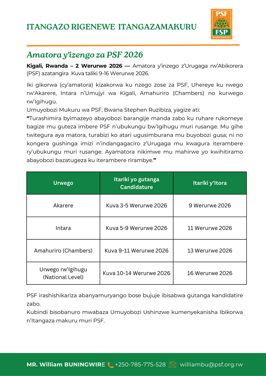 PSF_RWA's tweet photo. Itangazo!
Amatora ya @PSF_RWA azaba kuva ku wa 9–16 Werurwe 2026!

Niba uri umunyamuryango wa PSF wifuza kwiyamamaza kandi wujuje ibisabwa, tanga kandidatire yawe kuri; psfelections2026@psf.org.rw  hamwe na  psfelections2026@gmail.com maze witabire ayamatora. 

Uruhare rwawe ni ingenzi! 
#PSFRwanda #Amatora #Ubuyobozi