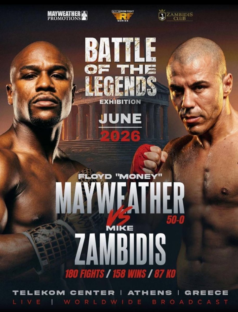 AdrianReyn79551's tweet image. 🚨Floyd Mayweather Comeback

2026 Schedule 📅 

📋

* Mayweather vs Tyson 
📅 April 25th 2026 
📍 Democratic of Congo 
🎪 Exhibition 

*Mayweather vs Mike Zambidis
📅 June 27,2026 
📍 Athens Greece 
🎪 Exhibition 

Mayweather vs Pacquiao 
📅 September 19th 2026
📍 Las Vegas 
🥊