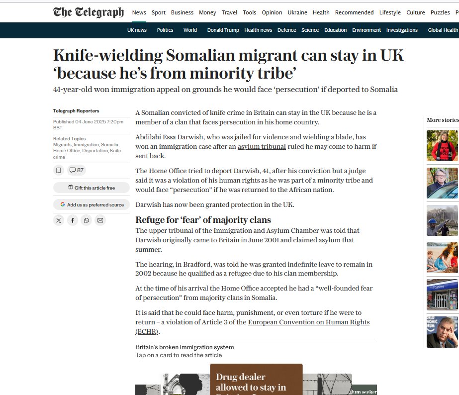- Today's Edinburgh stabber is said to be of Somalian origin.
- A previous Somalian knifeman managed to overturn deportation on basis of ECHR rights &amp; his fear of "discrimination" back home.
- Until we leave ECHR &amp; start deporting such people we will not keep the public safe.