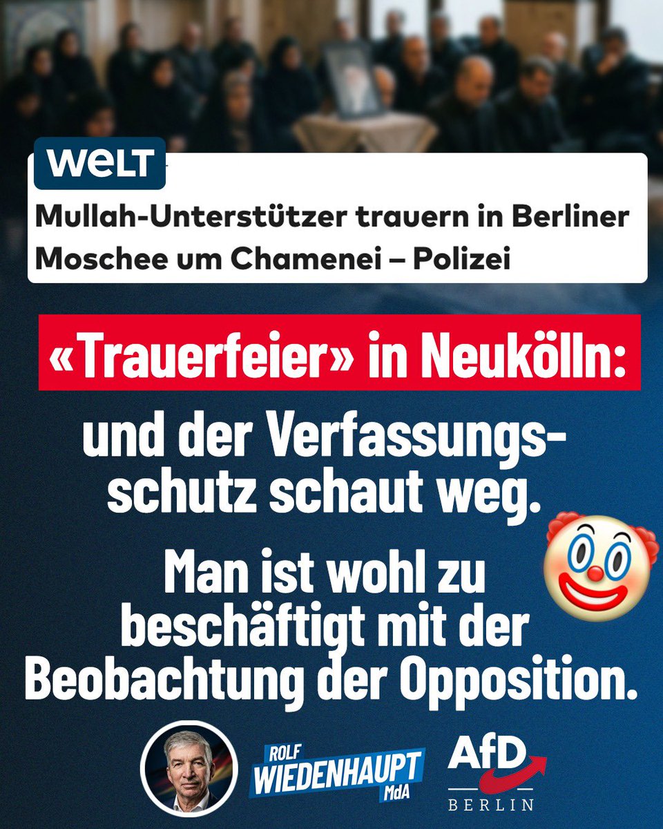 In der Neuköllner Imam Riza Moschee versammelten sich am Sonntag Islamisten zu einer Trauerfeier für den iranischen Massenmörder Chamenei. Mitten in Berlin wird ein brutaler Diktator verehrt. Diese offene Machtdemonstration ist das Resultat staatlicher Feigheit. Der