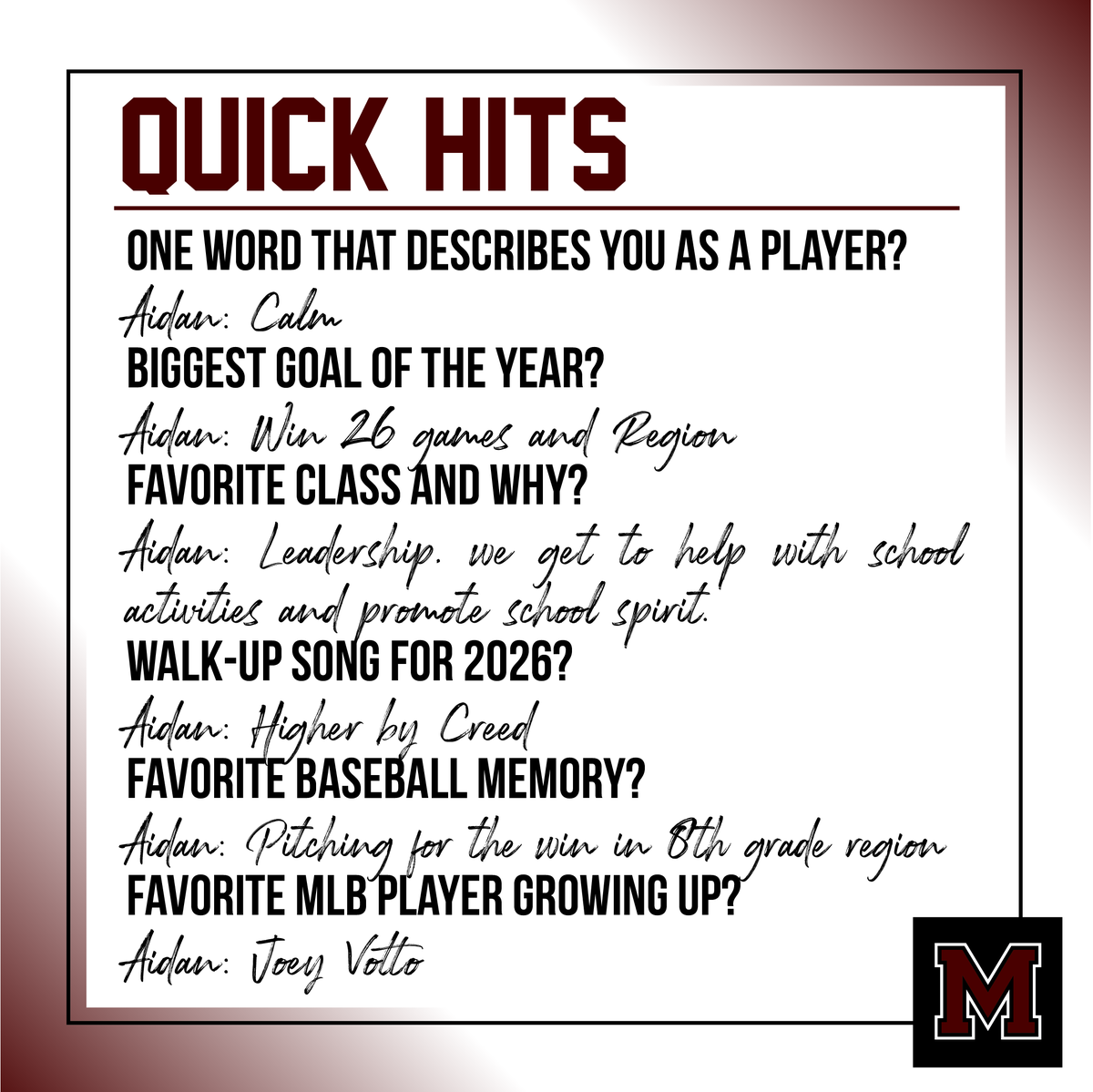 BaseballMnhhs's tweet photo. Maroons Player Spotlight
Meet Aidan Arp, #12
Senior, P/OF
5 Years in the Program
Plans after graduation: To attend Asbury University and acquire my MBA in Business Administration.
#putusonthemap https://t.co/mBYDFi15aR