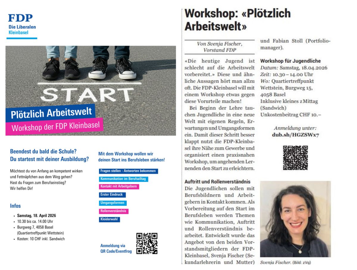 seiler_daniel's tweet photo. Svenja Fischer und Fabian Stoll vom Vorstand der FDP Kleinbasel haben ein neues Format entwickelt. Sie organisieren am 18. April einen Workshop für angehende Lernende.  Zur Anmeldung geht es hier 👇https://t.co/BjWe2D3s29 https://t.co/m113FtPQes