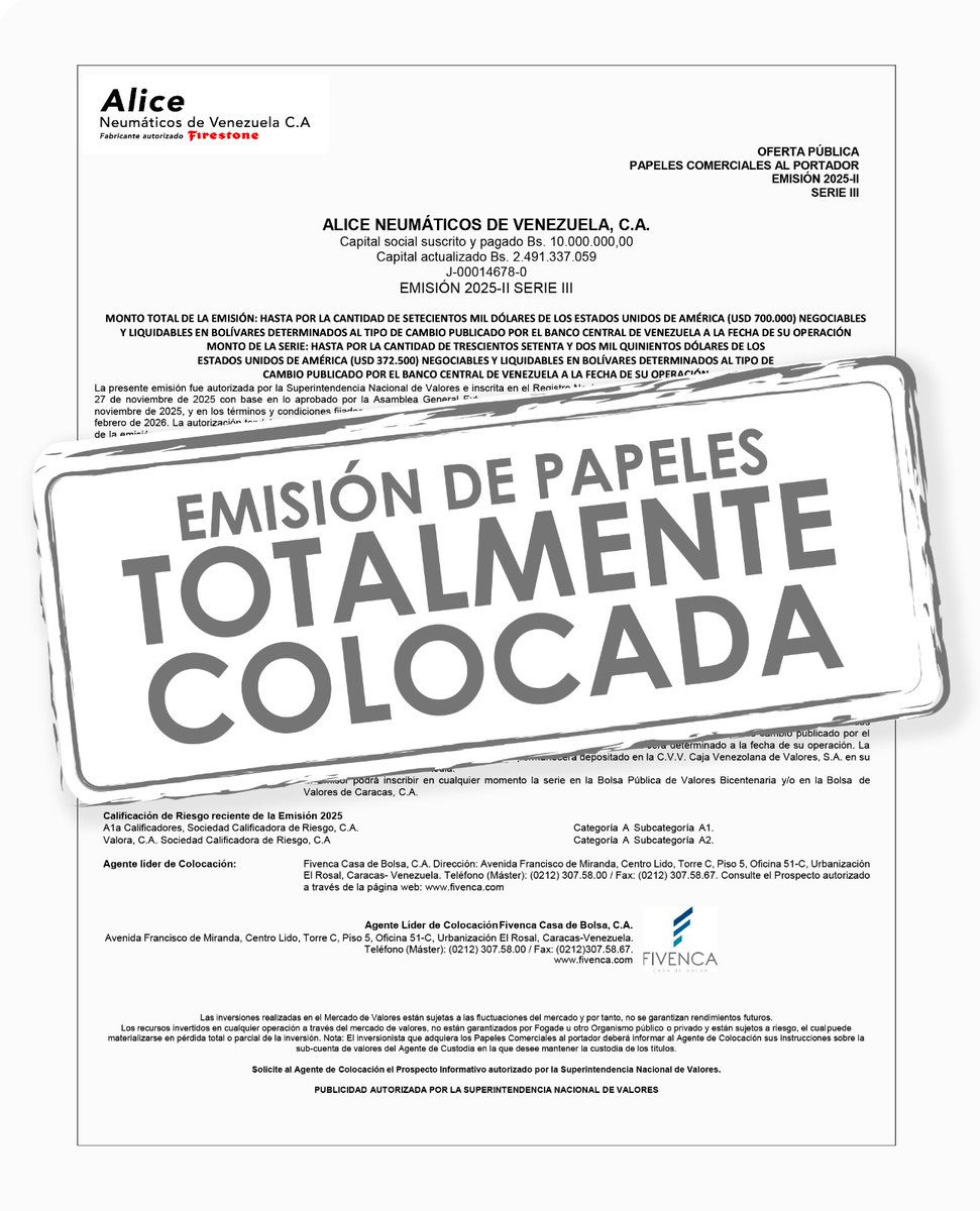 grupofivenca's tweet photo. Como agentes estructuradores y colocadores,  anunciamos el éxito de la Emisión 2025-II de Alice Neumáticos de Venezuela, C.A. por un monto total de USD 700.000.

La Serie III, por un monto de USD 372.500 (negociables y liquidables en bolívares), ¡ha sido totalmente colocada!✅ https://t.co/agI4Ww1LYx